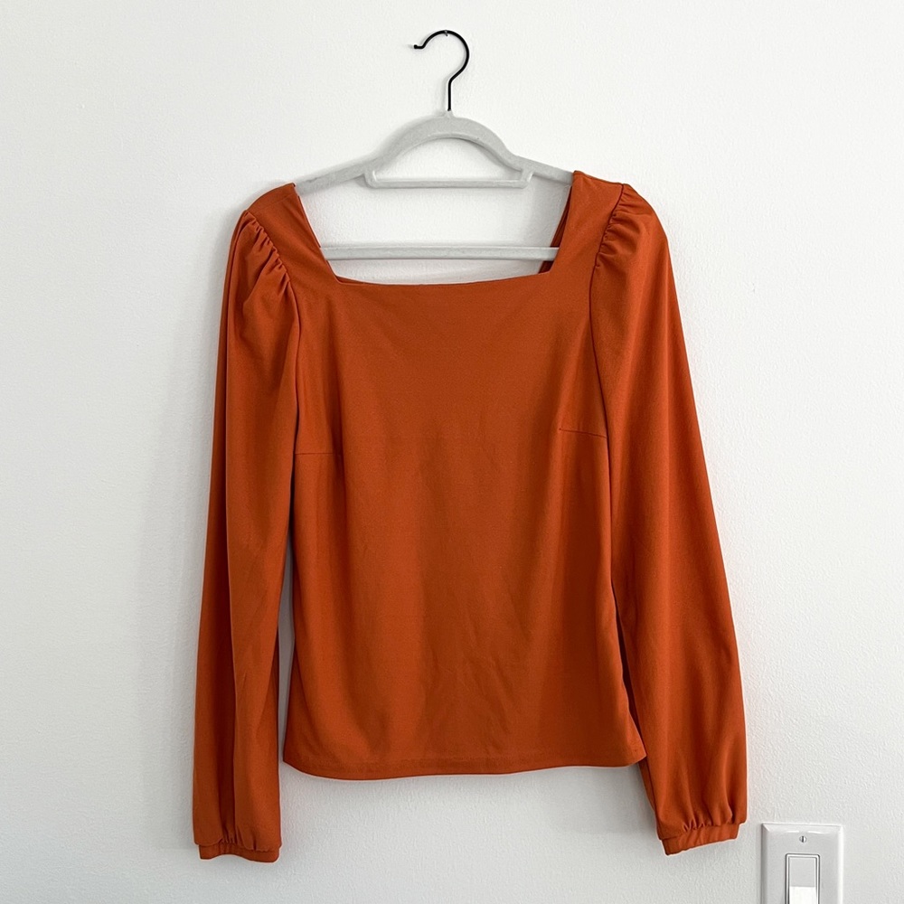 Pieces | square neck puff sleeve long sleeve top in orange semi-fitted